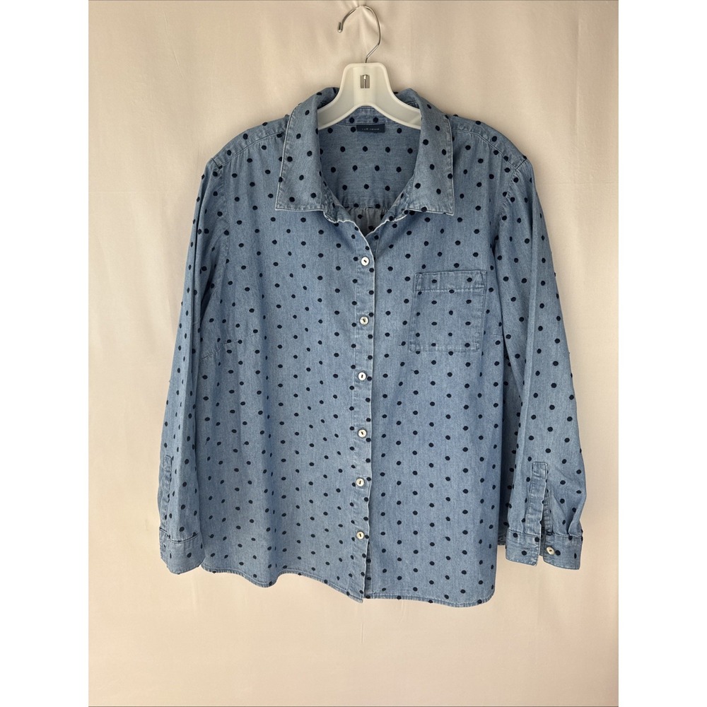J Jill Denim Top Women's Sz Large Blue Embroidered Dots Button Up Shirt Cotton